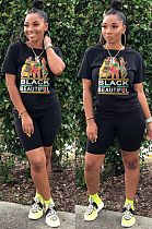 Black Casual Letter Cartoon Graphic Short Sleeve Round Neck Tee Top Shorts Sets SN3762