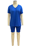 Blue Casual Short Sleeve V Neck Tee Top Shorts Sets MY9638