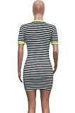 Green Casual Striped Figure Graphic Short Sleeve Round Neck Shift Dress SN3769