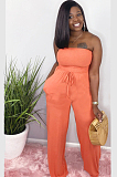 Yellow Sexy Polyester Waist Tie Ruffle Tube Jumpsuit L0304