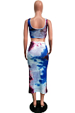Blue Sexy Tie Dye Sleeveless Round Neck Waist Tie Tank Top Bodycon Skirt Sets SN3515
