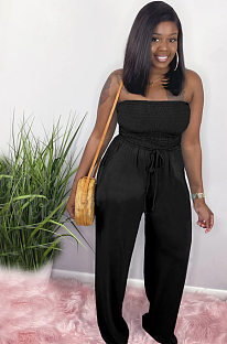 Black Sexy Polyester Waist Tie Ruffle Tube Jumpsuit L0304