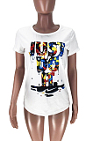 White Casual Polyester Letter Short Sleeve Round Neck Tee Top TZ10878