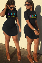 Black Casual Letter Short Sleeve Round Neck Curved Hem Mini Dress SN3770