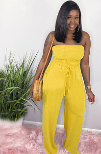 Yellow Sexy Polyester Waist Tie Ruffle Tube Jumpsuit L0304
