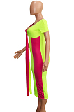 Red And Green Sexy Short Sleeve V Neck Spliced Tie Front Long Dress SN3757