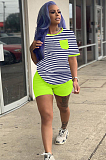 Blue Casual Striped Short Sleeve Round Neck Tee Top Shorts Sets SN3768