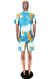 Blue Casual Short Sleeve V Neck Tee Top Shorts Sets TZ10877