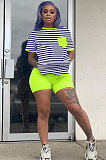 Green Casual Striped Short Sleeve Round Neck Tee Top Shorts Sets SN3768
