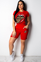 Red Basics Polyester Mouth Graphic Short Sleeve Round Neck Tee Top Straight Leg Pants Sets MD303