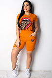 Yellow Basics Polyester Mouth Graphic Short Sleeve Round Neck Tee Top Straight Leg Pants Sets MD303