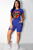 Red Basics Polyester Mouth Graphic Short Sleeve Round Neck Tee Top Straight Leg Pants Sets MD303