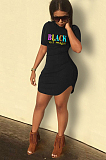 Black Casual Letter Short Sleeve Round Neck Curved Hem Mini Dress SN3770