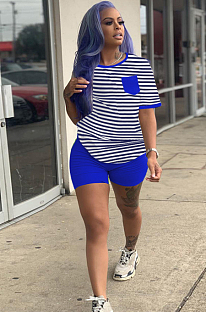 Blue Casual Striped Short Sleeve Round Neck Tee Top Shorts Sets SN3768