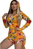 Light yellow   Casual Long Sleeve V Neck Knotted Strap Crop Top Shorts Sets YM8108