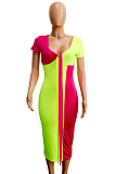 Red And Green Sexy Short Sleeve V Neck Spliced Tie Front Long Dress SN3757
