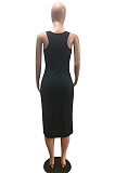 Black Casual Polyester Letter Sleeveless Strappy Ripped Long Dress OMM1118
