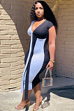 Black And White Sexy Short Sleeve V Neck Spliced Tie Front Long Dress SN3757
