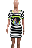 Red Casual Striped Figure Graphic Short Sleeve Round Neck Shift Dress SN3769