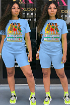 Blue Casual Letter Cartoon Graphic Short Sleeve Round Neck Tee Top Shorts Sets SN3762