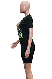 Black Casual Letter Cartoon Graphic Short Sleeve Round Neck Tee Top Shorts Sets SN3762