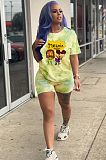 Pink Casual Polyester Tie Dye Cartoon Graphic Short Sleeve Round Neck Tee Top Shorts Sets HM5307