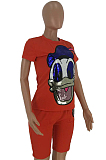 Red Casual Polyester Cartoon Graphic Short Sleeve Round Neck Beaded Tee Top Straight Leg Pants Sets HHM6130