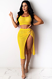 Yellow Cute Polyester Sleeveless Cold Shoulder Hollow Out Crop Top Slit Skirt Sets TRS1045