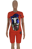 Red Casual Polyester Cartoon Graphic Short Sleeve Round Neck Beaded Tee Top Straight Leg Pants Sets HHM6130