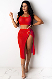Yellow Cute Polyester Sleeveless Cold Shoulder Hollow Out Crop Top Slit Skirt Sets TRS1045