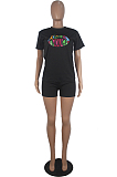 Black Casual Mouth Graphic Short Sleeve Round Neck Tee Top Shorts Sets SDD9244
