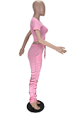 Pink Casual Short Sleeve Round Neck Ripped Ruffle Crop Top Long Pants Sets LL6285
