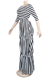 Red Casual Polyester Striped Half Sleeve Round Neck Ruffle Long Dress KZ025