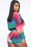 Multi Casual Cotton-like Tie Dye Mouth Graphic Long Sleeve Crop Top Shorts Sets CL6048