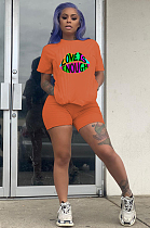 Orange Casual Mouth Graphic Short Sleeve Round Neck Tee Top Shorts Sets SDD9244