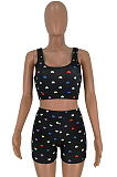 Black Sexy Polyester Heart Graphic Cold Shoulder Tank Top Shorts Sets HHM6140