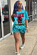 Blue Casual Polyester Tie Dye Short Sleeve Round Neck Tee Top Shorts Sets TRS1036