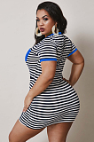 Red Casual Polyester Striped Short Sleeve Round Neck Mini Dress NY5020