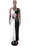 Black Red Casual Polyester Mouth Graphic Sleeveless Strappy Tank Jumpsuit TZ1091