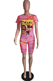 Rose Red Casual Polyester Tie Dye Cartoon Graphic Short Sleeve Round Neck Tee Top Shorts Sets HM5307