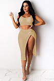 Red Cute Polyester Sleeveless Cold Shoulder Hollow Out Crop Top Slit Skirt Sets TRS1045