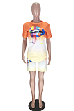 Orange Casual Mouth Graphic Short Sleeve Round Neck Tee Top Shorts Sets TZ1090