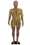 Yellow Casual Striped Short Sleeve V Neck Bodycon Jumpsuit AFY8813