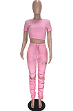Pink Casual Short Sleeve Round Neck Ripped Ruffle Crop Top Long Pants Sets LL6285