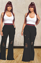 Black Casual Polyester Ripped Flare Leg Pants TZ1092
