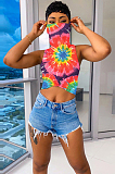 Blue Casual Polyester Tie Dye Sleeveless Tee Top TRS1030
