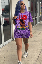 Purple Casual Polyester Tie Dye Short Sleeve Round Neck Tee Top Shorts Sets TRS1036