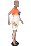 Orange Casual Mouth Graphic Short Sleeve Round Neck Tee Top Shorts Sets TZ1090