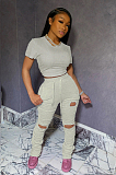 Gray Casual Short Sleeve Round Neck Ripped Ruffle Crop Top Long Pants Sets LL6285