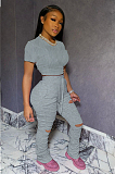 Black Casual Short Sleeve Round Neck Ripped Ruffle Crop Top Long Pants Sets LL6285